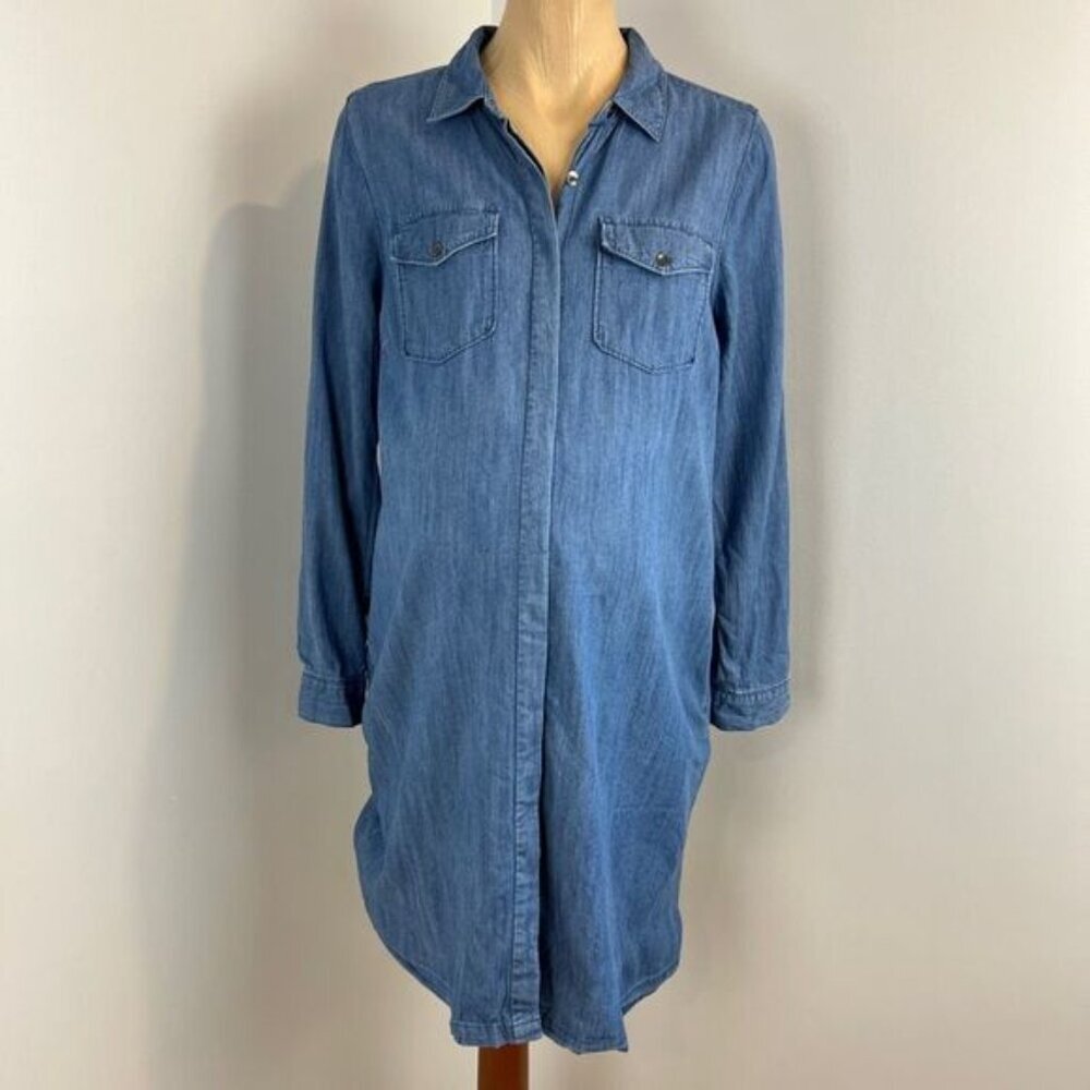 Motherhood Maternity Small Blue Denim Button Down Knee Length Dress Pregnancy